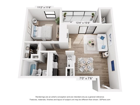 Floor plan for 1 bed, 1 bath, 648 sqft
